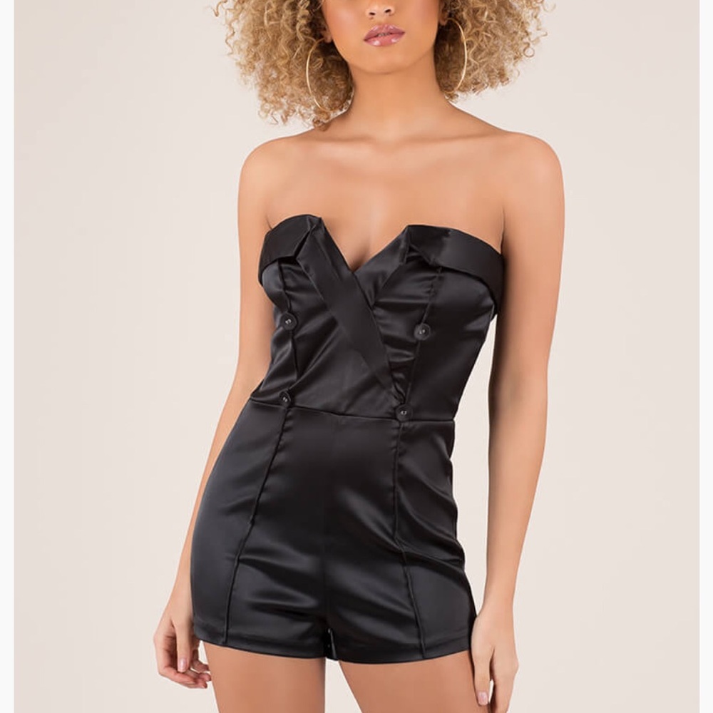 NWT Black Strapless Satin Tuxedo Romper